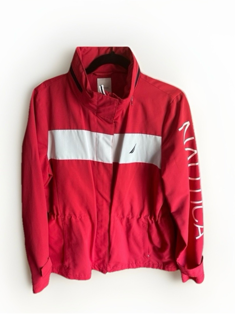 Nautica Red White Colorblock‎ Windbreaker Hooded Jacket Women Large VDR B07 218